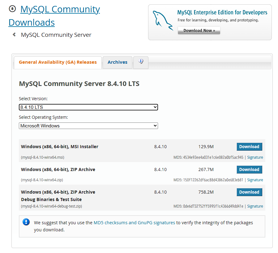 MySQL Community Server 8.4 LTSのMSI Installerを選択する画面