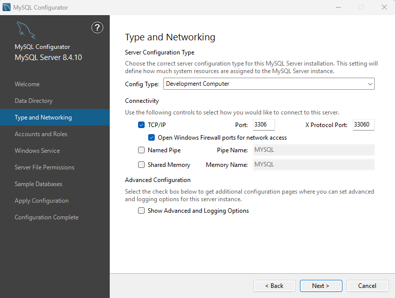 MySQL ServerのType and Networking設定画面
