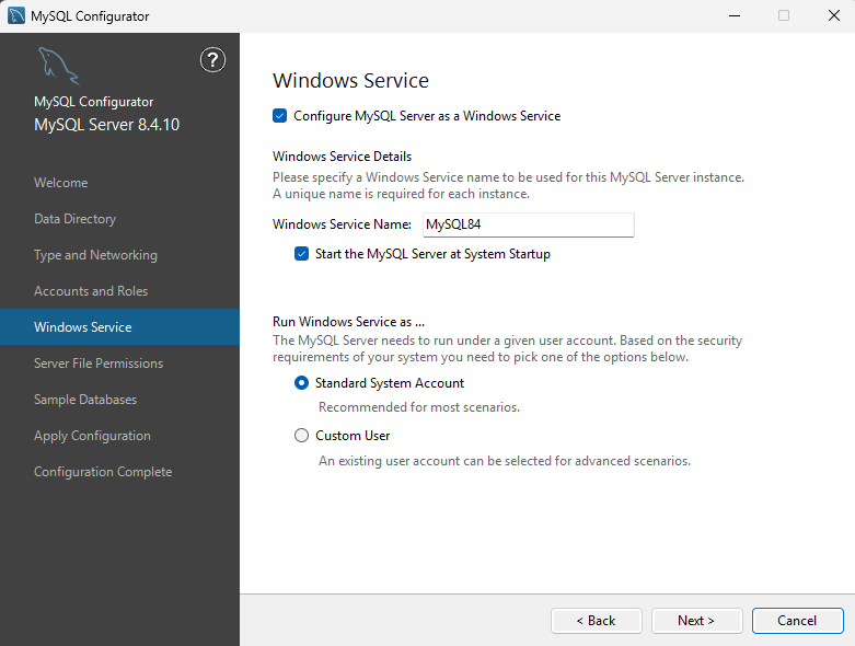 MySQL84 Windowsサービスの設定画面