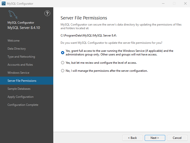 MySQL Server File Permissionsの設定画面