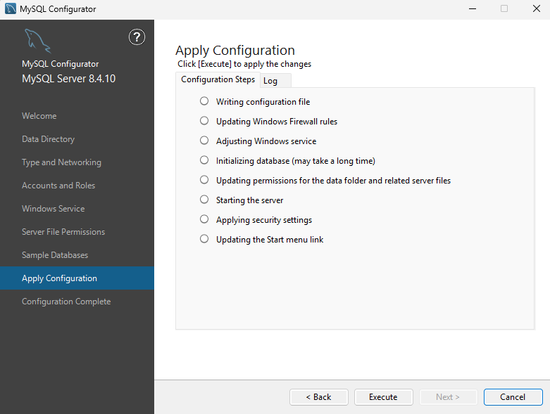 MySQL ServerのApply Configuration画面