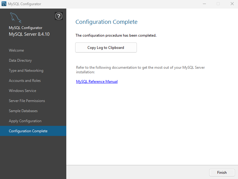 MySQL Server Configuratorの設定完了画面