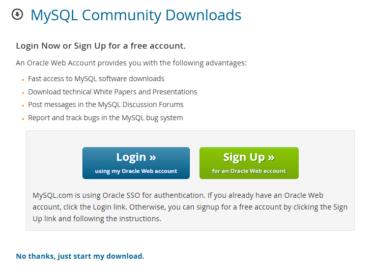 Oracleアカウントを使わずMySQLのダウンロードを開始するリンク