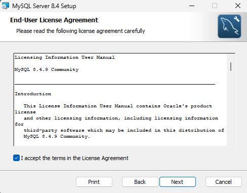 MySQL Serverのライセンス条項への同意画面