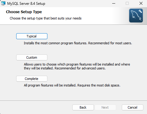 MySQL ServerのセットアップタイプでTypicalを選択する画面
