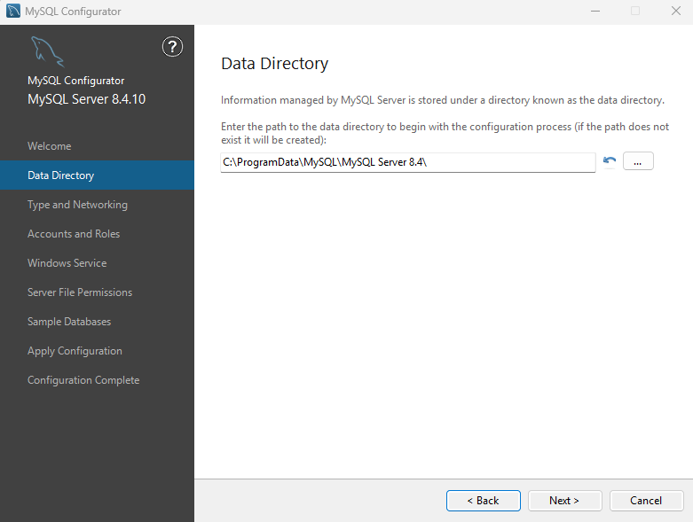 MySQL ServerのData Directory設定画面